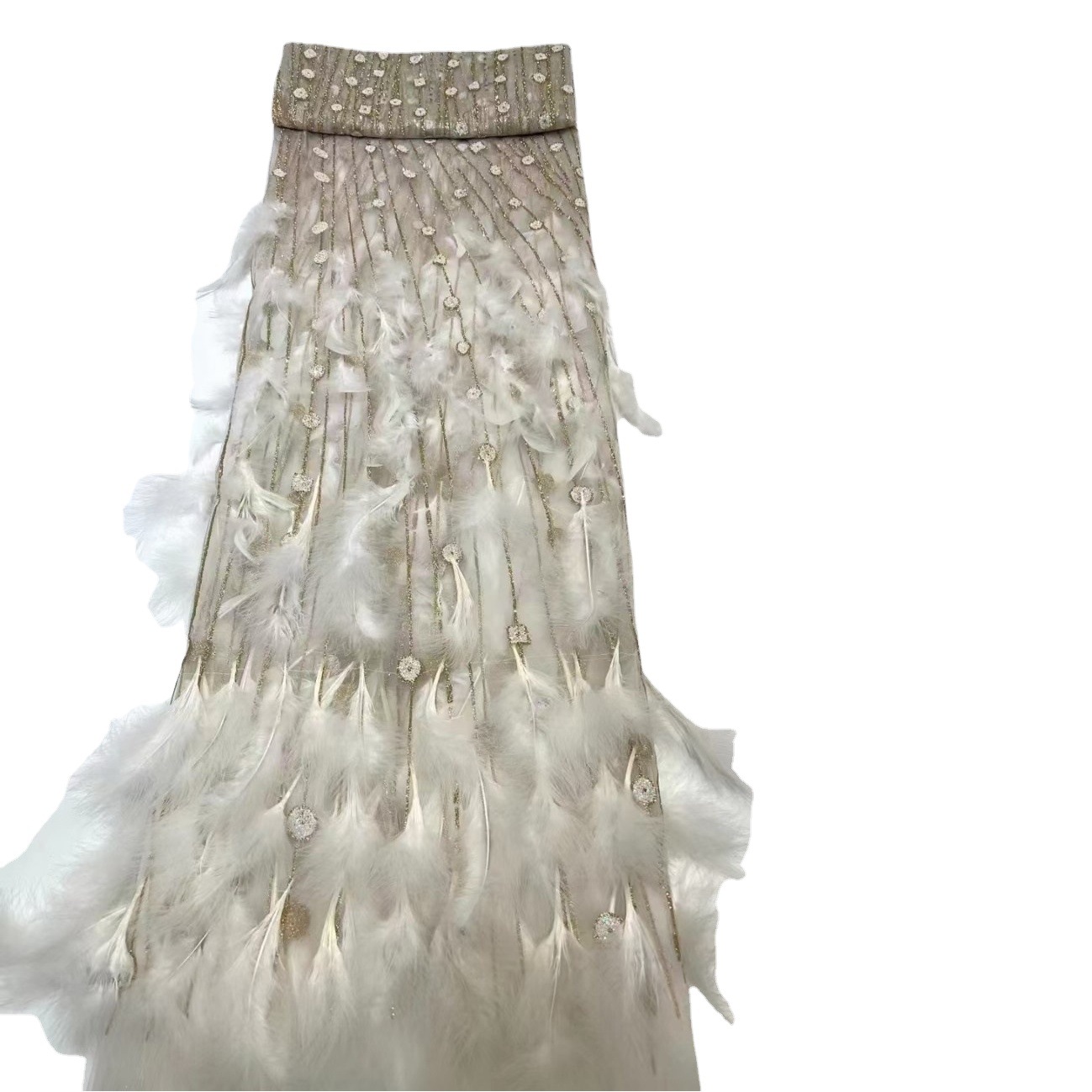Nuevo lentejuelas pluma encaje tela modelo pasarela moda vestido de novia encaje JX2486