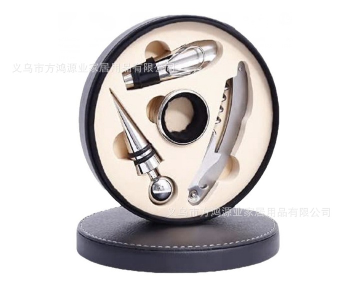 Black-A2 라운드 가죽 상자 와인 병 오프너 세트