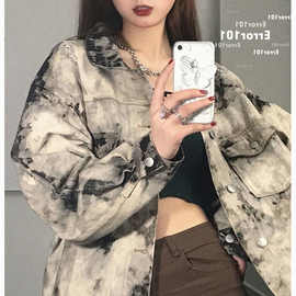 国潮水洗扎染牛仔外套女春夏季薄款美式hiphop高街头小众辣妹上衣
