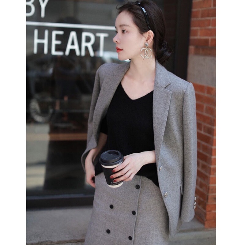 Big Sale Price Spring New Thickeneded Small Suit Jacket Women's Fashionable Gray Woolen Slim Suit Top
