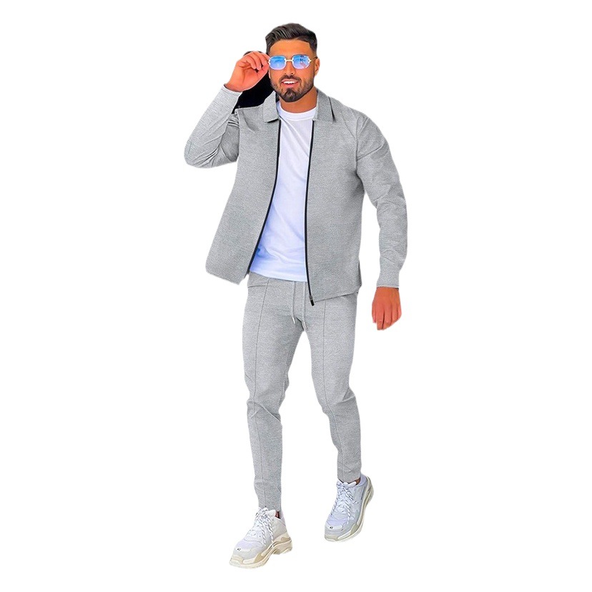 2024 Comercio exterior primavera y otoño nuevo traje de manga larga waffle Amazon solapa cremallera cardigan casual conjunto de dos piezas