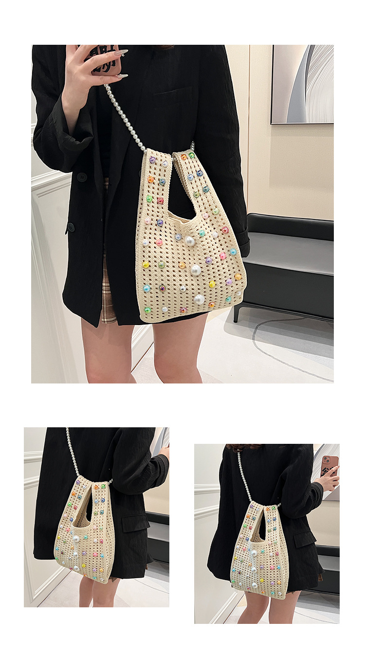 Polyester Lining Material Women's Medium Knit Solid Color Cute Pearls Open Straw Bag