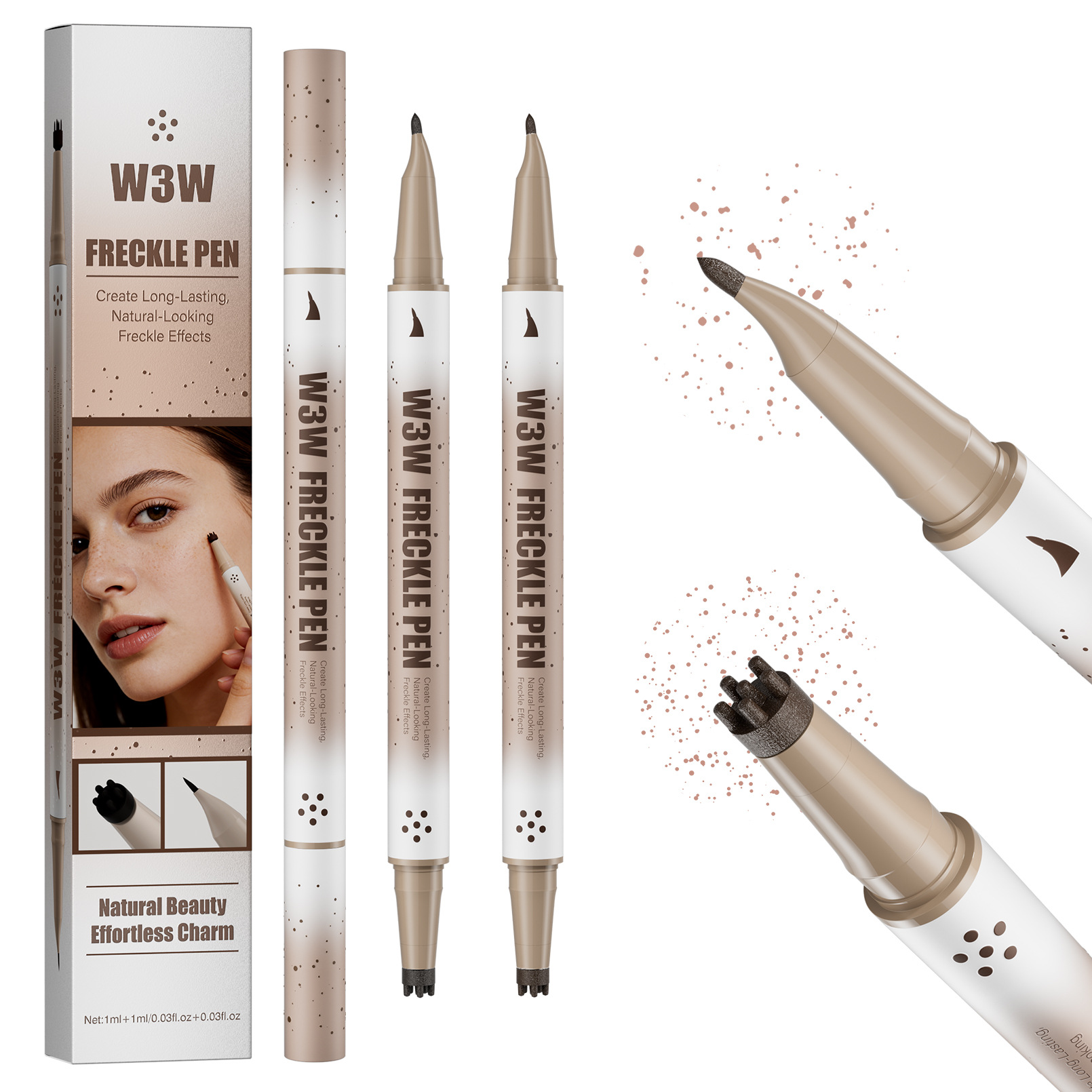 W3W Dual-Head Stamp Freckle Pen Micro-Engraving Curved Tip Eyeliner Waterproof Smudge-Proof Long-Lasting Spot Freckle Pen Cross-Border