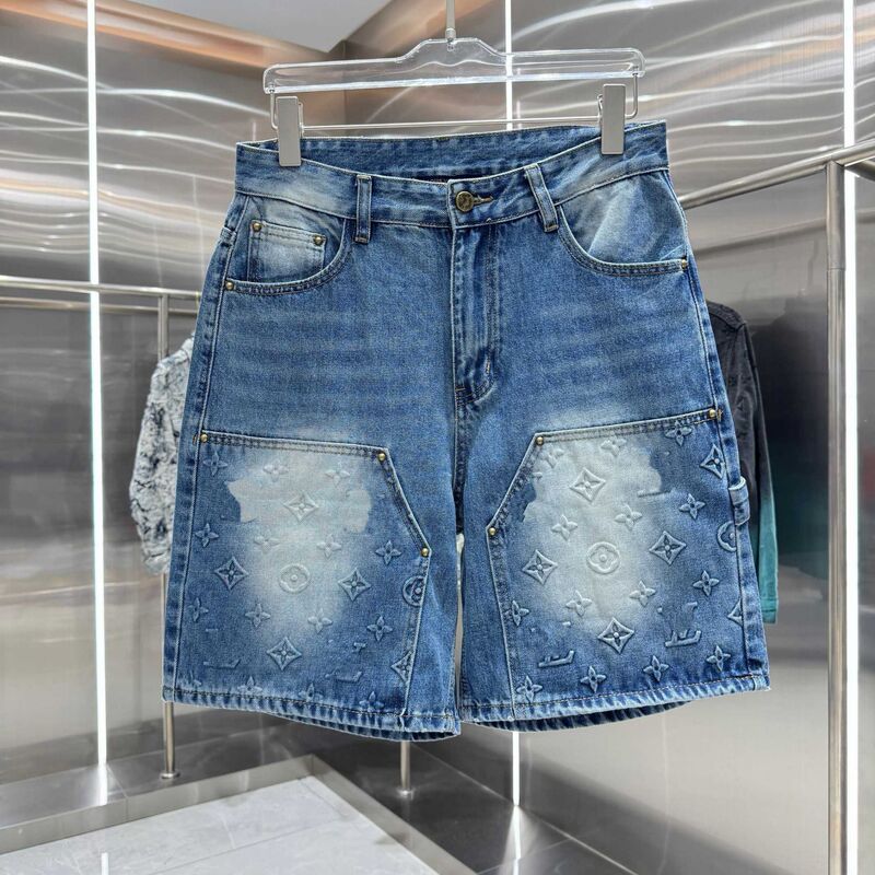 High-Quality 26-Letter Jacquard Embossed Washed Denim Shorts for Men in European and American Style, New Summer Fashion Casual Denim Shorts