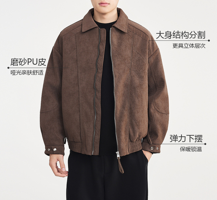 Áo khoác nam da PU mờ phối cotton cổ trụ kiểu Old Money — Màu nâu sẫm chi tiết 3