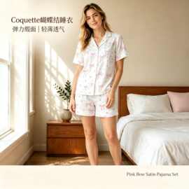 跨境女士短款睡衣套装 粉色满印蝴蝶家居服 少女风短袖短裤两件套