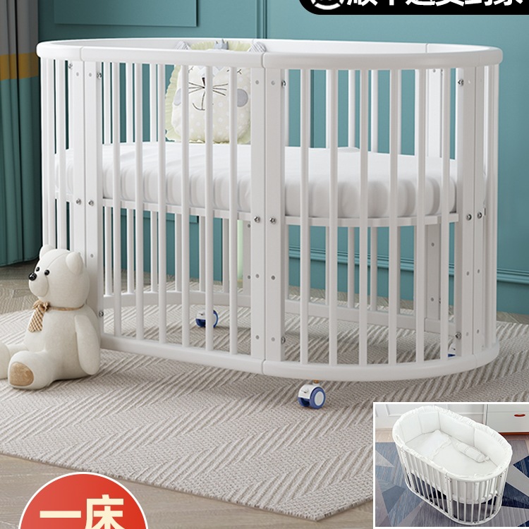 Crib Solid Wood European Style Splicing Large Bed Removable Newborn Crib Multifunctional White Small Round Bed