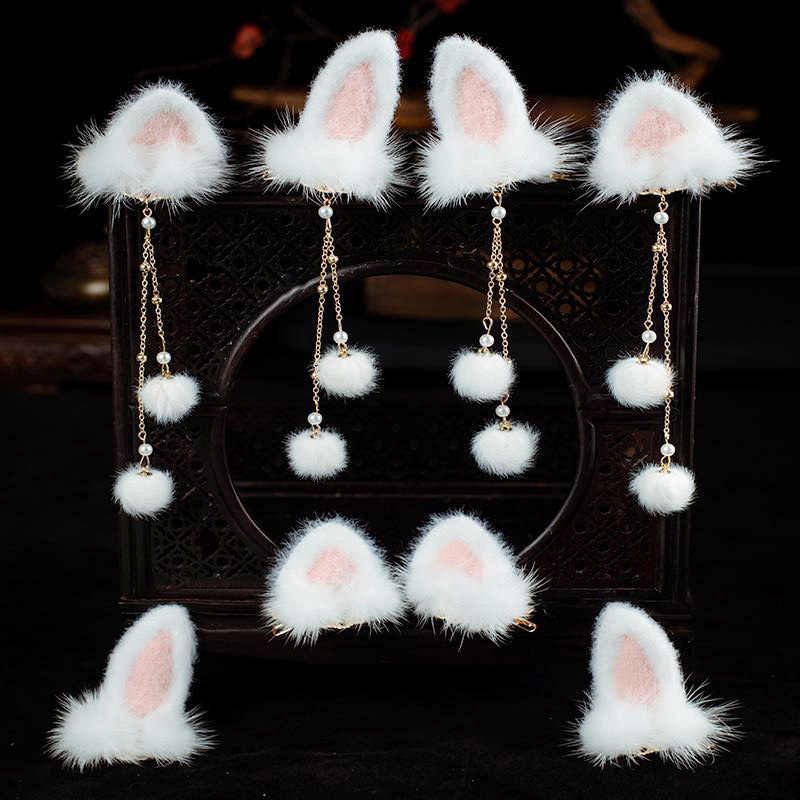 Ancient style hanfu hair accessories mink hair ball hairpin rabbit ears vintage tassel clip children's ears autumn and winter New