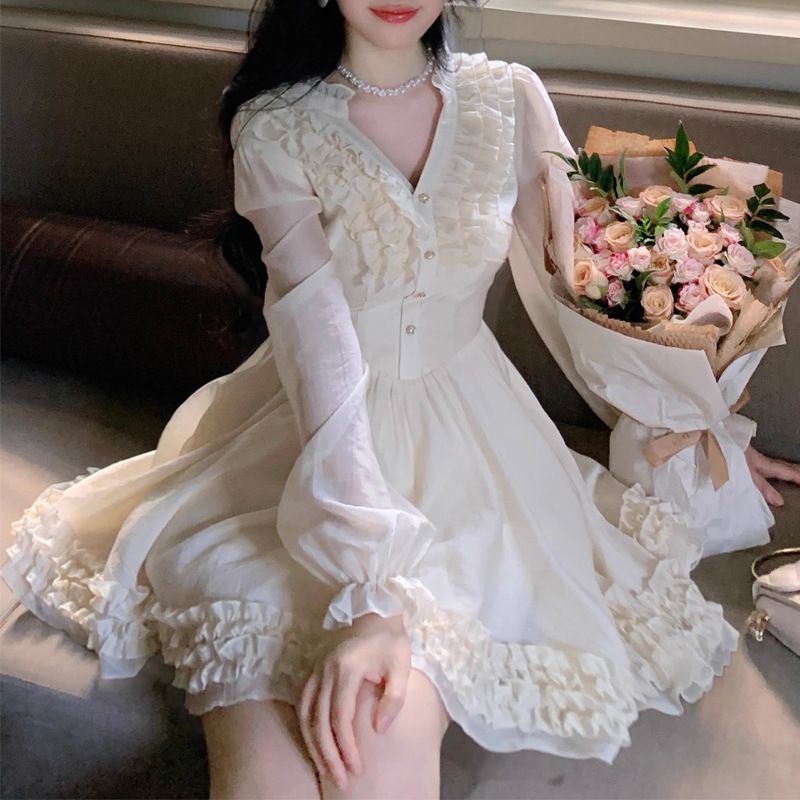 小甜云 设计感法式V领气质蕾丝花边高腰长袖连衣裙秋季新品裙子潮|undefined