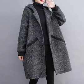 大码胖mm秋冬新款宽松茧型连帽大衣女中长款加厚毛呢外套女400斤