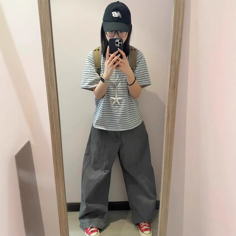 Japanese-Style Cute Casual Sportswear Set for Women 2025 Summer New Color-Block Striped Short-Sleeve Wide-Leg Pants Two-Piece Set