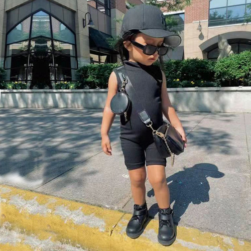 European and American style 2024 summer new girls pullover jumpsuit cotton solid color pit strip children's sleeveless jumpsuit