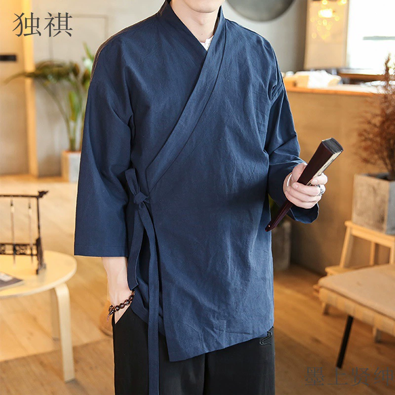 Мужской халат Hanfu в древнем стиле с рукавом три четверти и боковым открытием в китайском стиле, простая пасторальная куртка в традиционной культуре дзен.