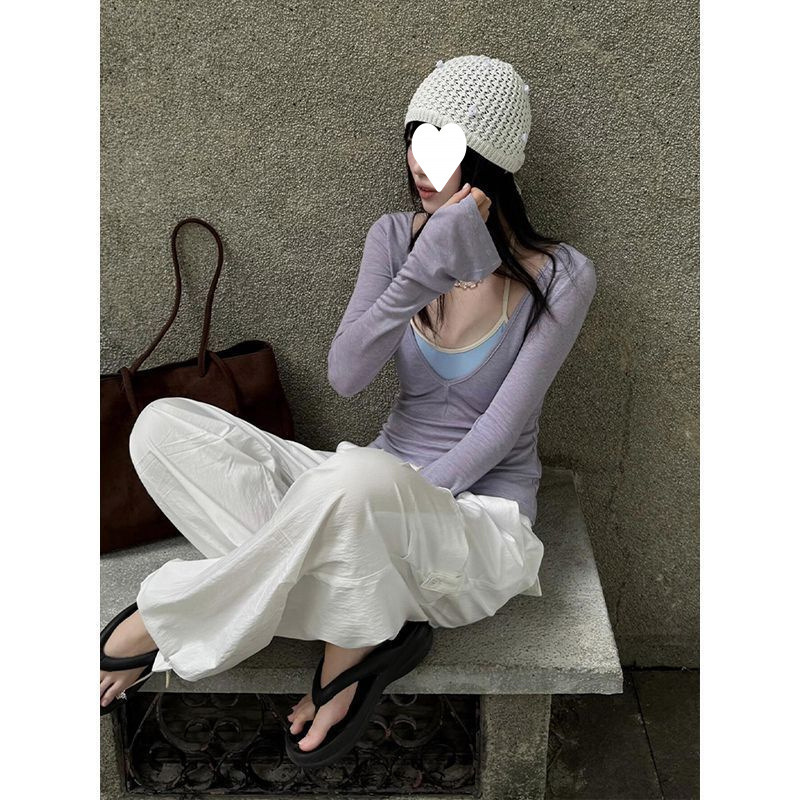 气质辣妹风大领口设计感紫色T恤女2025新款修身显瘦百搭长袖上衣|undefined