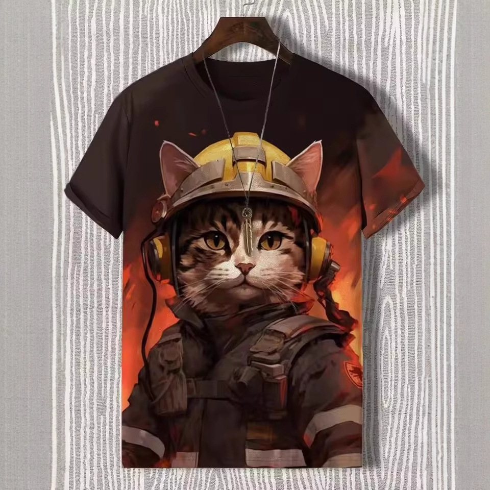 Tinta Jianghu Cat Dog Hero 3D Impresión digital Spot Moda callejera para hombres Camiseta de manga corta con cuello redondo y hombro