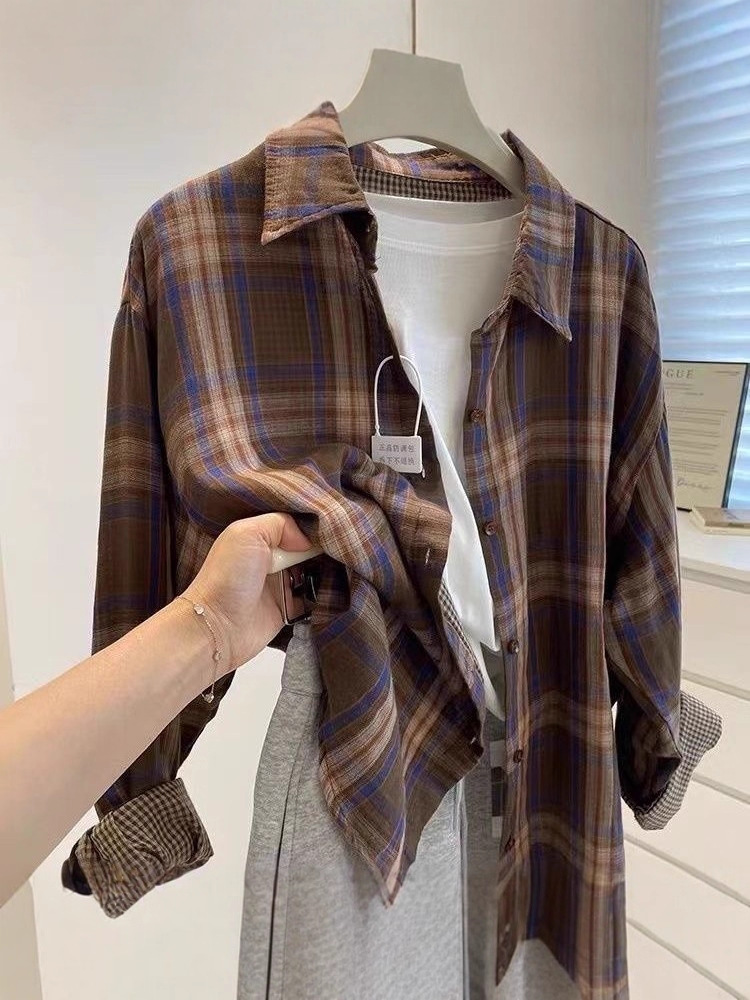 Double-Layer Casual Cotton Gauze Plaid Shirt Long-Sleeved Fashionable Loose Lazy Retro Versatile Shirt Cardigan Top for Outer Wear
