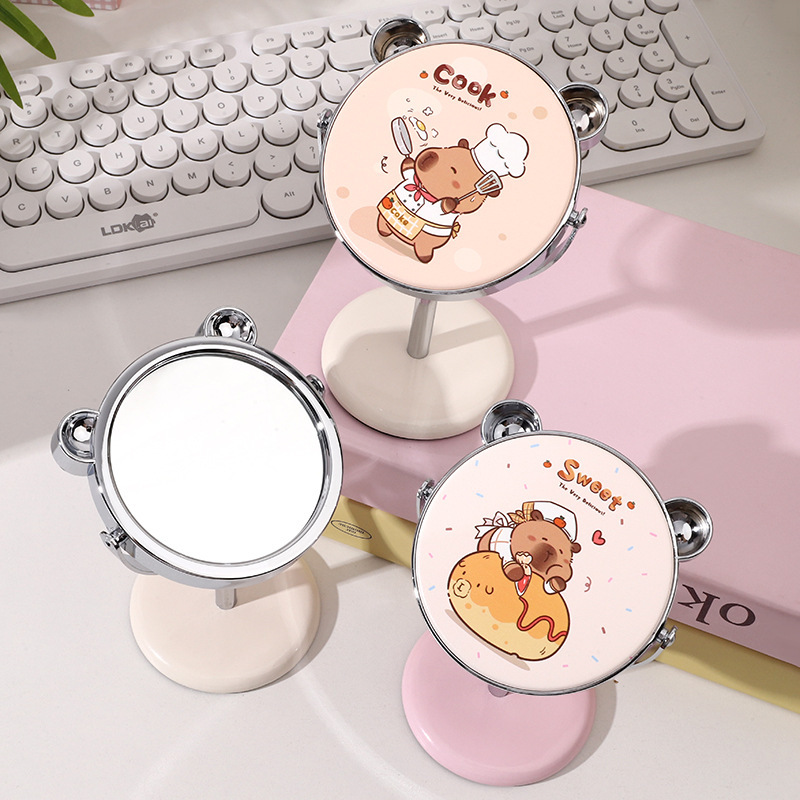 新しいカピバラクマヘッド小さなテーブルミラー学生女性ホームデスクトップ片面ミラー角度メイク調整可能なアルミテーブルミラー|undefined