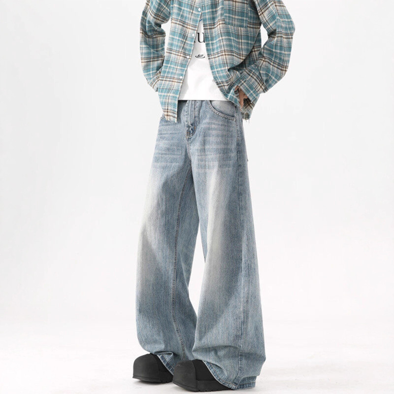 American High Street Washed Blue Jeans Men's Spring and Autum Vibe Versatile Casual Wide-Leg Pants Loose Wide-Leg Pants