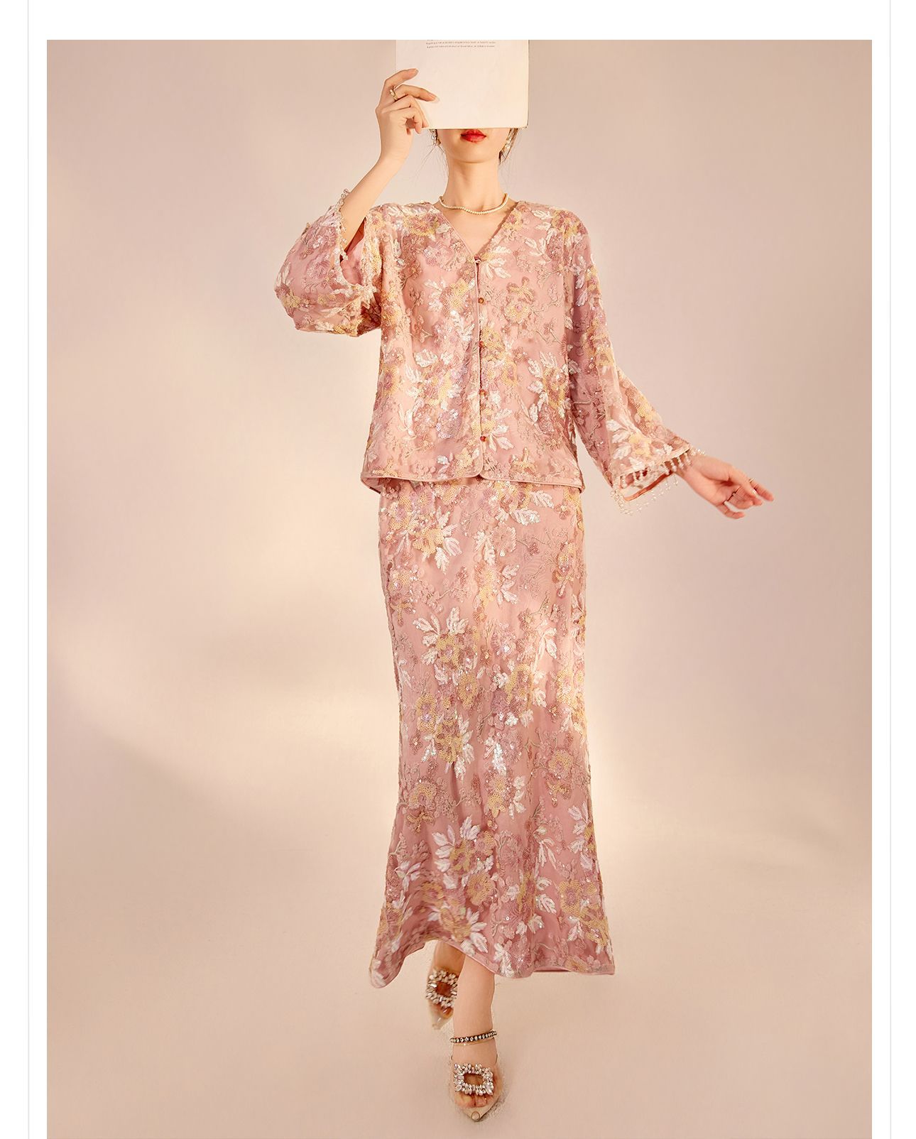 Set áo khoác và chân váy nữ phong cách Tân Trung Hoa thêu sequin cao cấp N2064 — Váy nửa, Áo khoác chi tiết 15