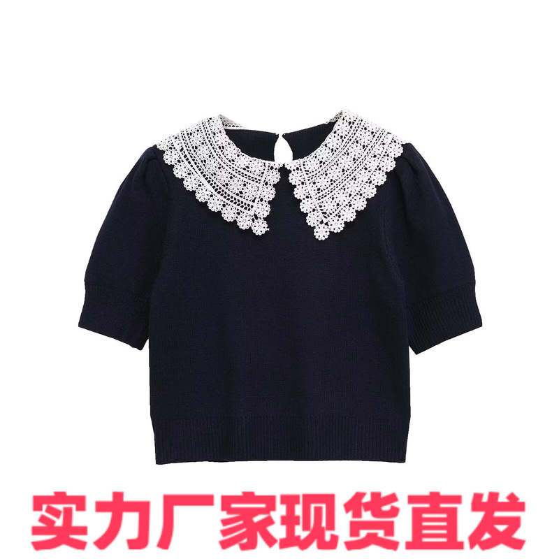 Nssf Homemade European and American Style New Women's Clothing Flip Collar Crochet Lace Knitted Pullover 2142220