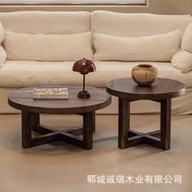 老榆木圆桌茶台客厅家用圆形茶几茶室榻榻米茶桌简约款沙发边几桌