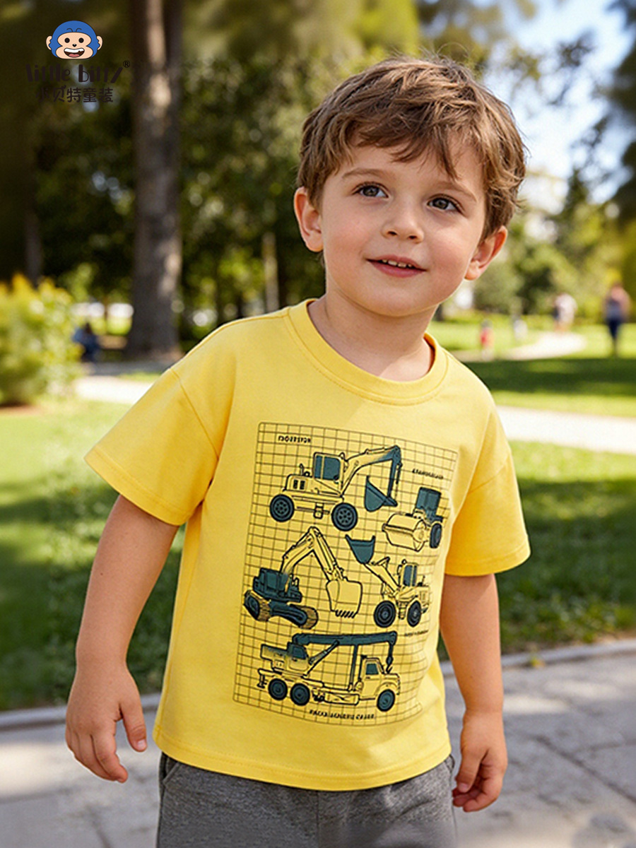 Cross-Border Children's Clothing 26Th Spring/Summer Children's T-Shirt Cartoon Casual Plaid Car Print Round Neck Boys' Base Shirt