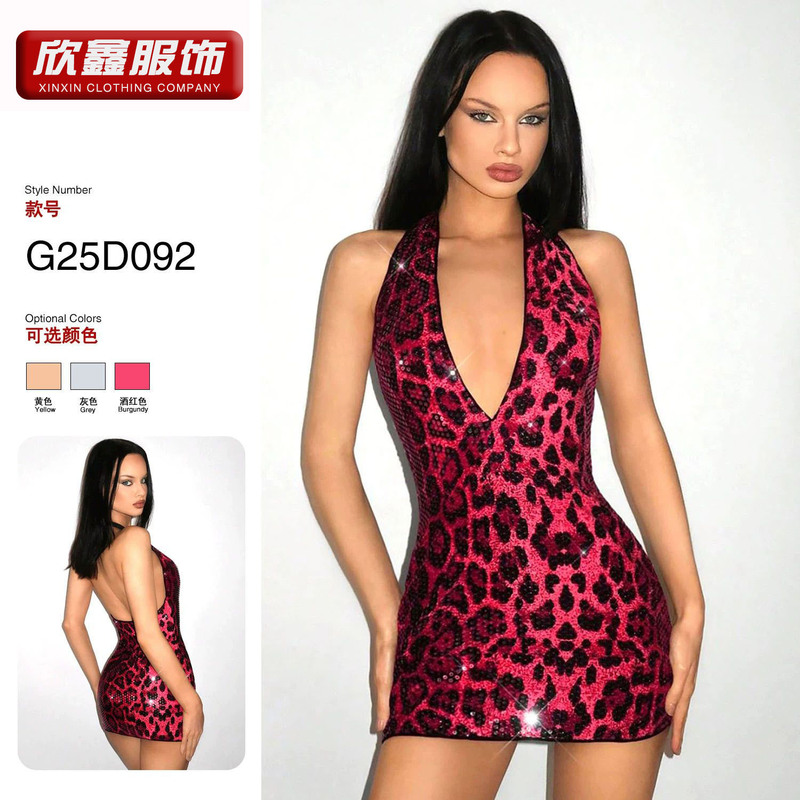 European and American Style Cross-Border Women's Fashion Sequined Leopard Print Dress, Sexy Halter Neck Party Bodycon Mini Dress