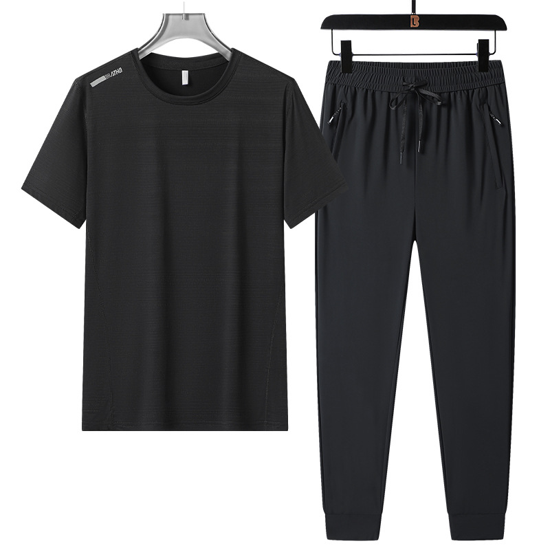 Hombre de verano helado juego deportivo casual transpirable rápido seco cuello redondo manga corta suelta pantalones largos de dos piezas al por mayor