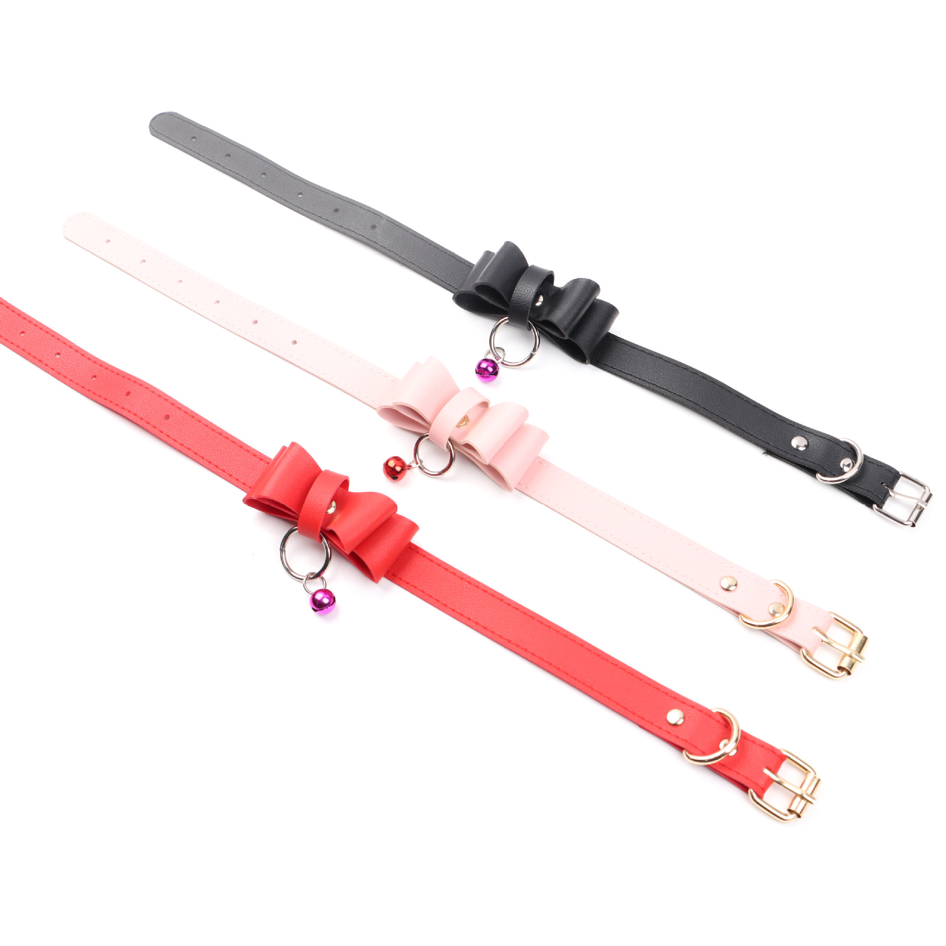 PU Bow Collar and Leash Set with Bell, SM Bondage Training Prop — detail image 6