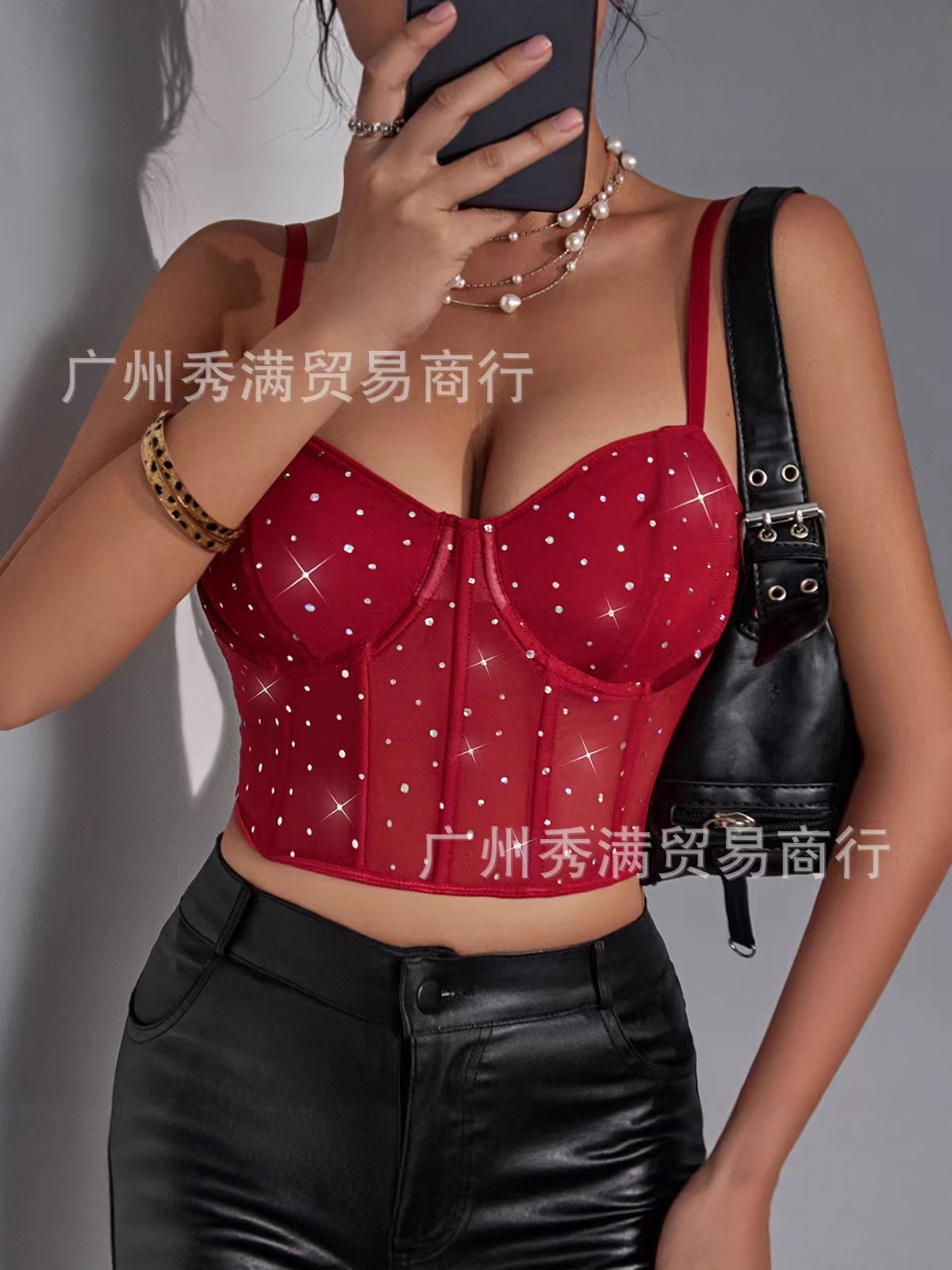 Top con bordado tridimensional y malla, estilo corsé con ballenas