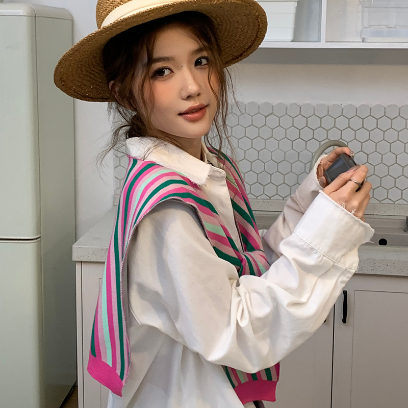 Chal de punto para mujer, primavera y verano, versión coreana del nuevo estilo, rayas de contraste, decoración exterior, aire acondicionado, cuello, chaleco, cuello, cuello, cuello, cuello, cuello, cuello, cuello, cuello, cuello falso, cuello