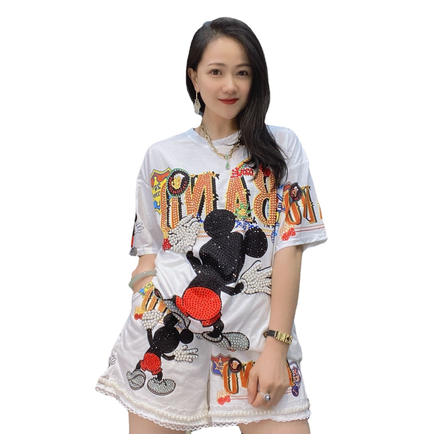Conjunto de Camiseta y Pantalones Cortos de Talla Grande Set de 2 Piezas de Algodón con Estampado y Diamantes para Verano image 7