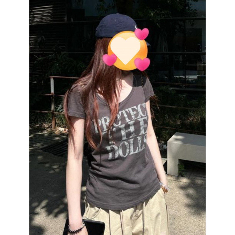 [210g 40 Count Fine Cotton 1*1] American Retro Street Printed Short-Sleeved T-Shirt Women's Sexy Slim Top