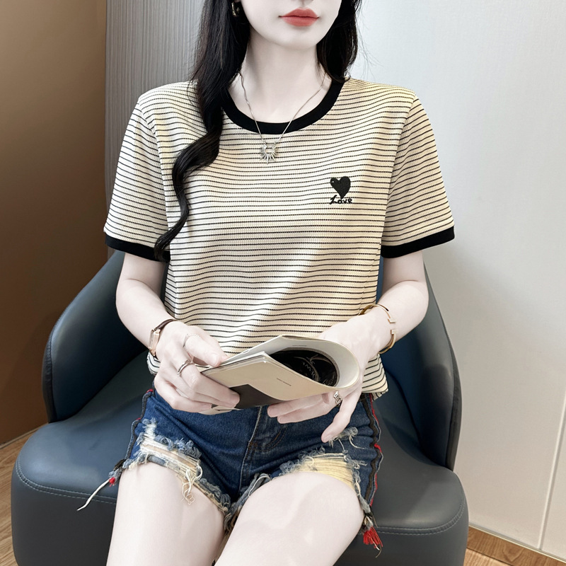 204~条纹刺绣2025夏季新款圆领上衣女图案短袖T恤|undefined