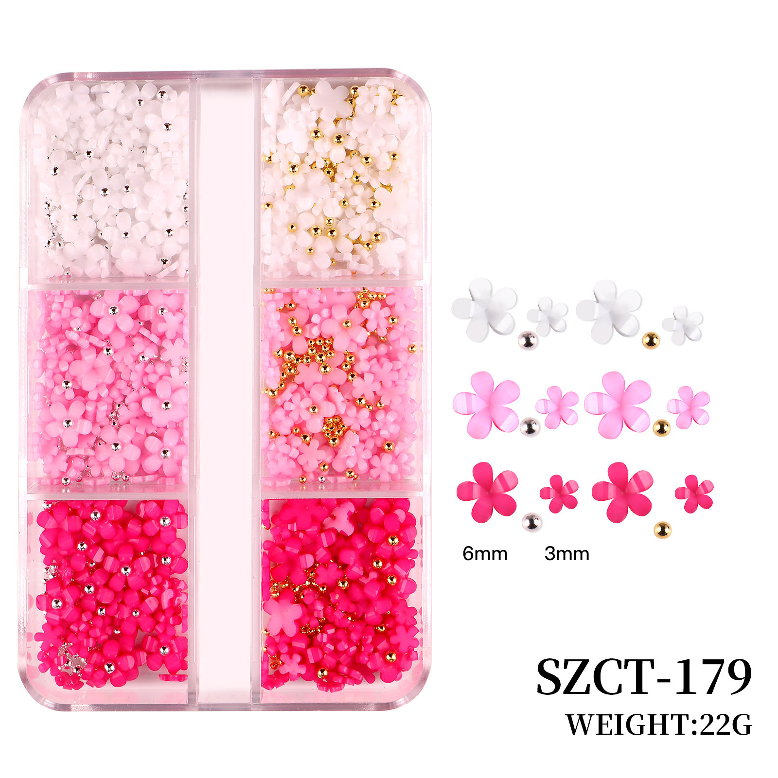 Joyas de uñas transfronterizas Juego de 6 cuadrículas de resina de uñas de color flor de cinco pétalos pequeña bola de acero decoración de uñas de vestir