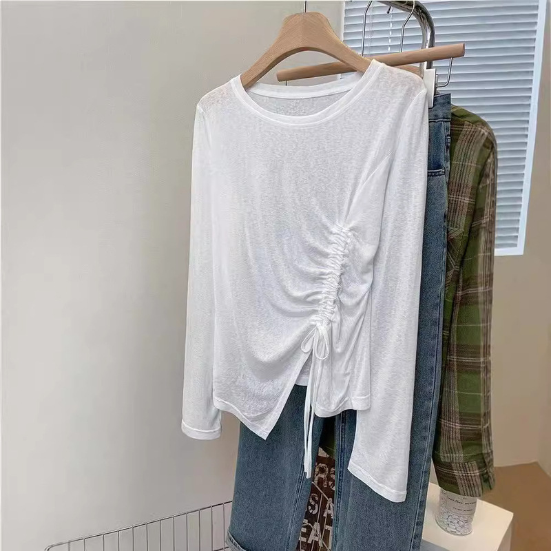 Split Irregular Thin Ice Silk Sunscreen Blouse Long-sleeved T-shirt Women's Summer Loose Western-style Base Shirt European-style Top Split Irregular Thin Ice Silk Sunscreen Blouse Long-sleeved T-shirt Women's Summer Loose Western-style Base Shirt European-style Top