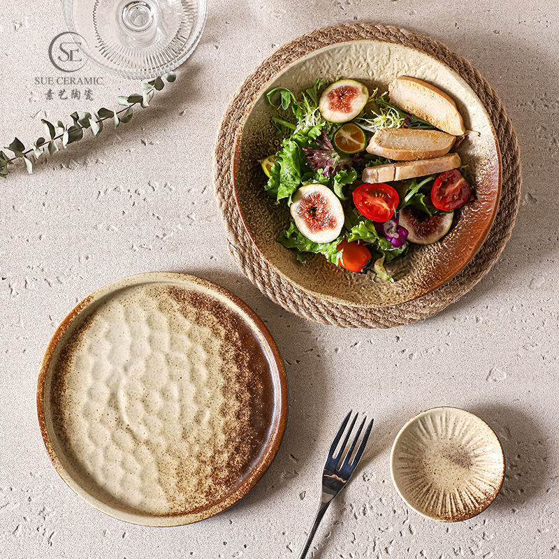 Personalized Retro Ceramic Tableware Plain Mud Yellow Kiln Thickeneded Pottery Dishes Cups and Saucers Western Salad Bowls and Dishes Tableware Sets
