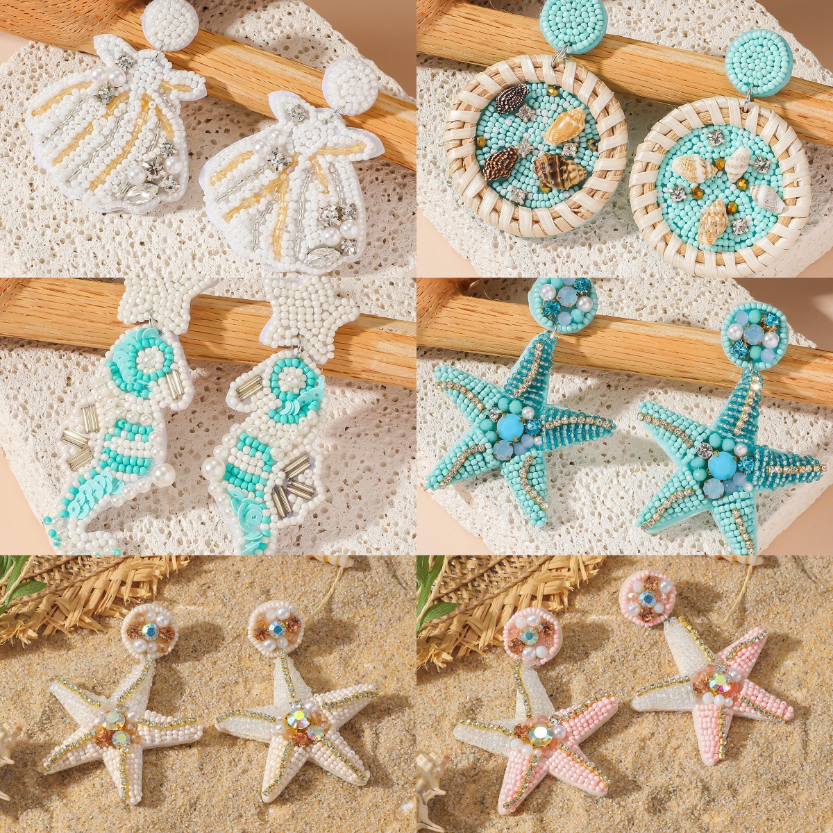 19g Weight 1 Pair Vacation Starfish Hippocampus Beaded Mostacilla Drop Earrings