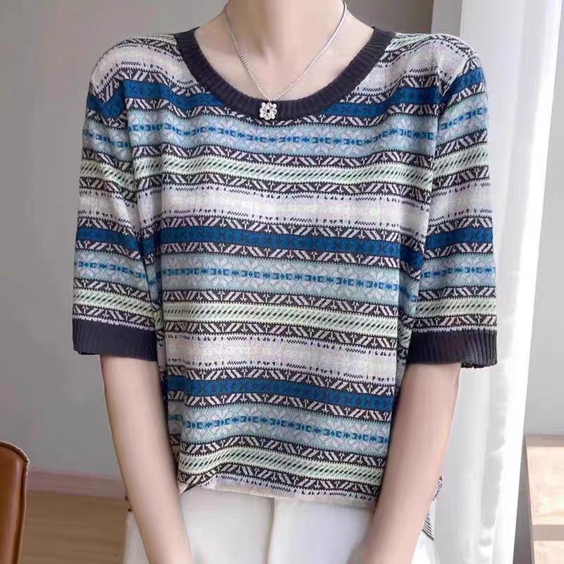 Design retro knitted summer thin short sleeve T-shirt with a round…