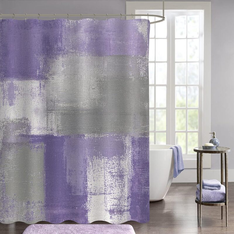 Vintage Light Purple Abstract Rustic Lavender Color Patchwork Art Graffiti Bathroom Shower Curtain Partition, No Drilling Required