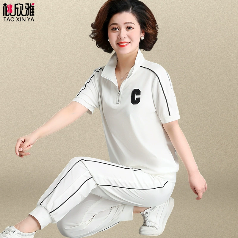 Повседневный спортивный костюм среднего возраста для женщин, летняя женская летняя одежда среднего и пожилого возраста с короткими рукавами, модный комплект из двух предметов
