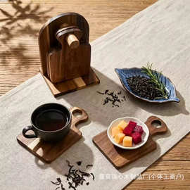 跨境木质杯垫波浪形手柄杯垫带收纳整理支架熟食隔热杯垫迷你托盘