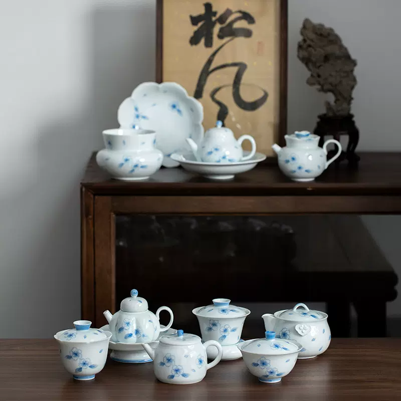 釉下彩纯手绘青花茶壶小清新盖碗干泡壶承茶杯泡茶壶高档功夫茶具