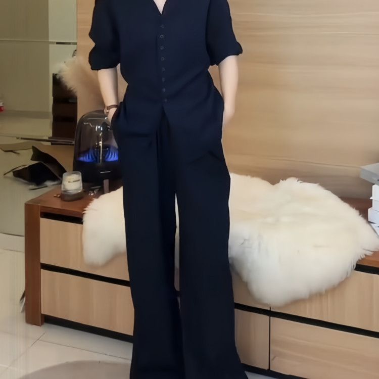 极简老钱风套装优雅时髦衬衫长袖显瘦高腰系带气质休闲裤两件装|undefined