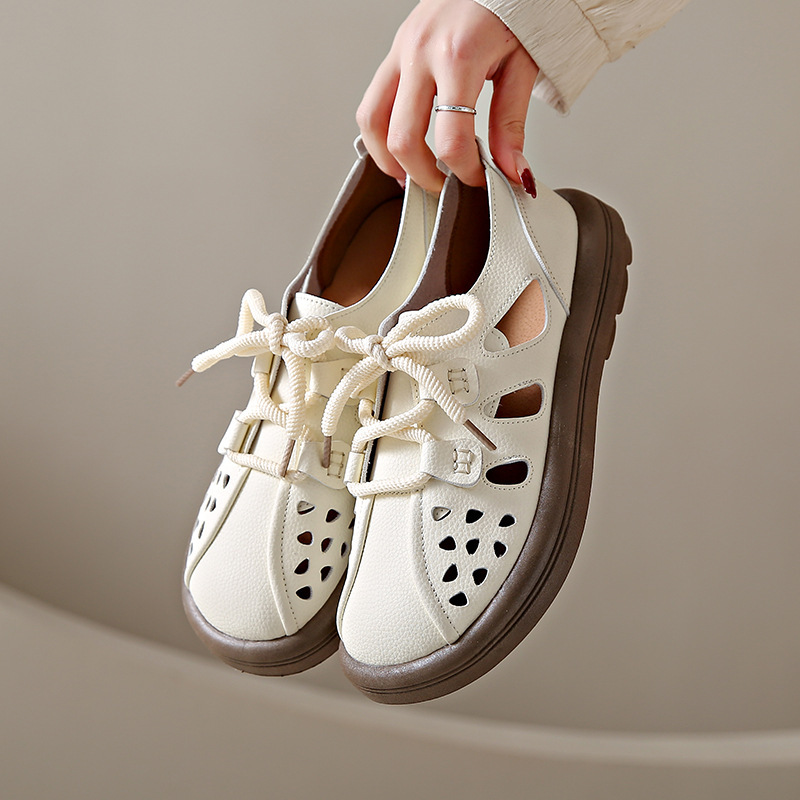 2026 Spring/Summer New Retro Hollow-Out Sandals for Women, Korean Style, Large Size, Casual Student Lace-Up Clogs, Ins Trend