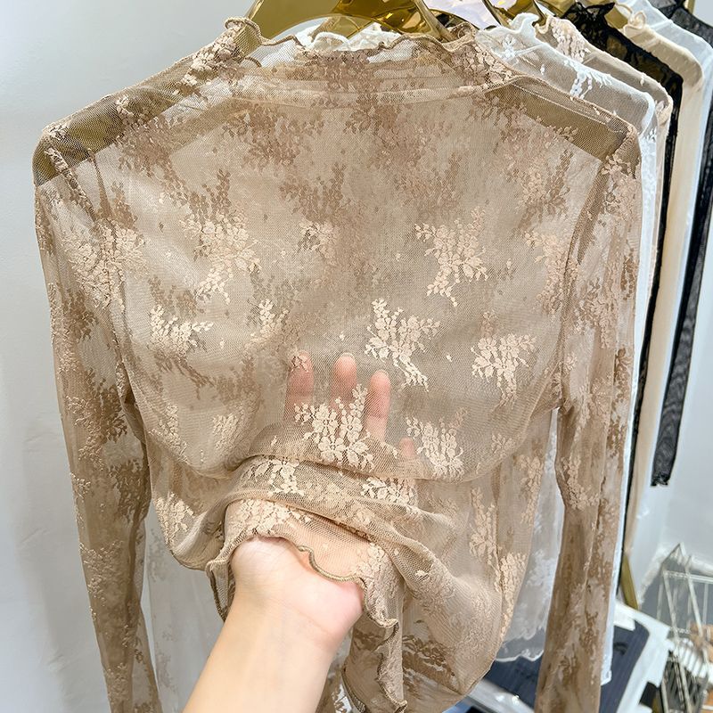 Slim-fit long-sleeved lace shirt women's autumn Western style sand t turtleneck gauze undershirt lining transparent mesh inner top
