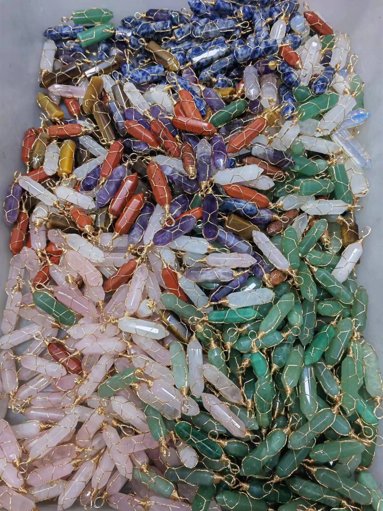 跨境繞絲水晶六角柱吊墜天然原石水晶瑪瑙繞線項鍊diy飾品掛件