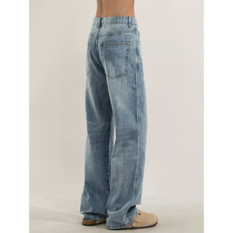 Men's Washed Denim Jeans, High Street Loose Fit Straight Leg Trousers For Clean Aesthetic & Casual Style_viptrois.com