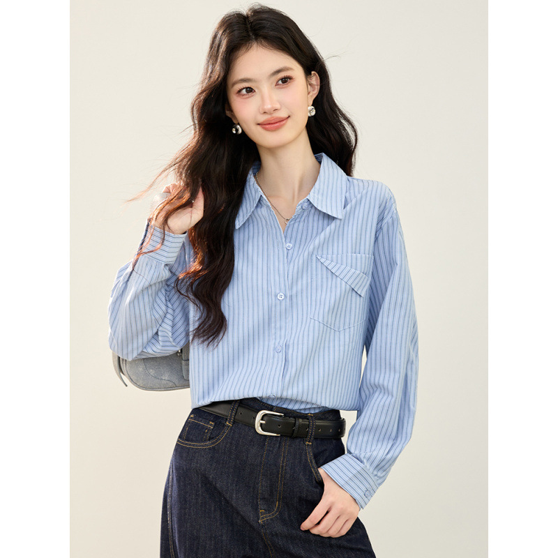 2025 Autumn New Korean Style Fashion Turn-Down Pocket Design Vertical Stripe Loose Long Sleeve Shirt Top for Women