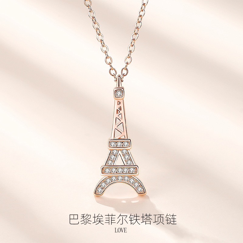 Plata esterlina S925 mini París Torre diamante estilo europeo y americano collar de moda amor romántico creativo plata clavícula cadena